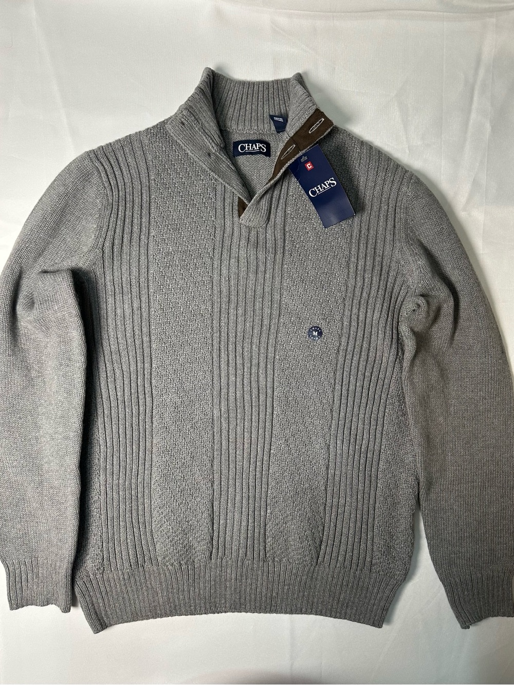 Chaps Men's Light Grey Ribbed Mock Neck Sweater 100% Cotton